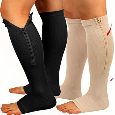 #ad 3Pair Knee High Open Toe Compression Socks Zip Up Circulation Pressure Stockings $13.78