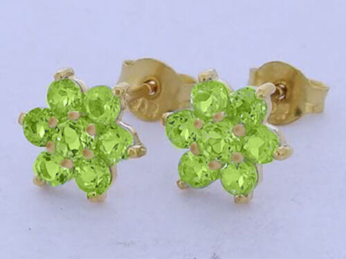 E058- Timeless 9ct Yellow Gold Natural Peridot Blossom Stud Earrings Cluster - Picture 2 of 2