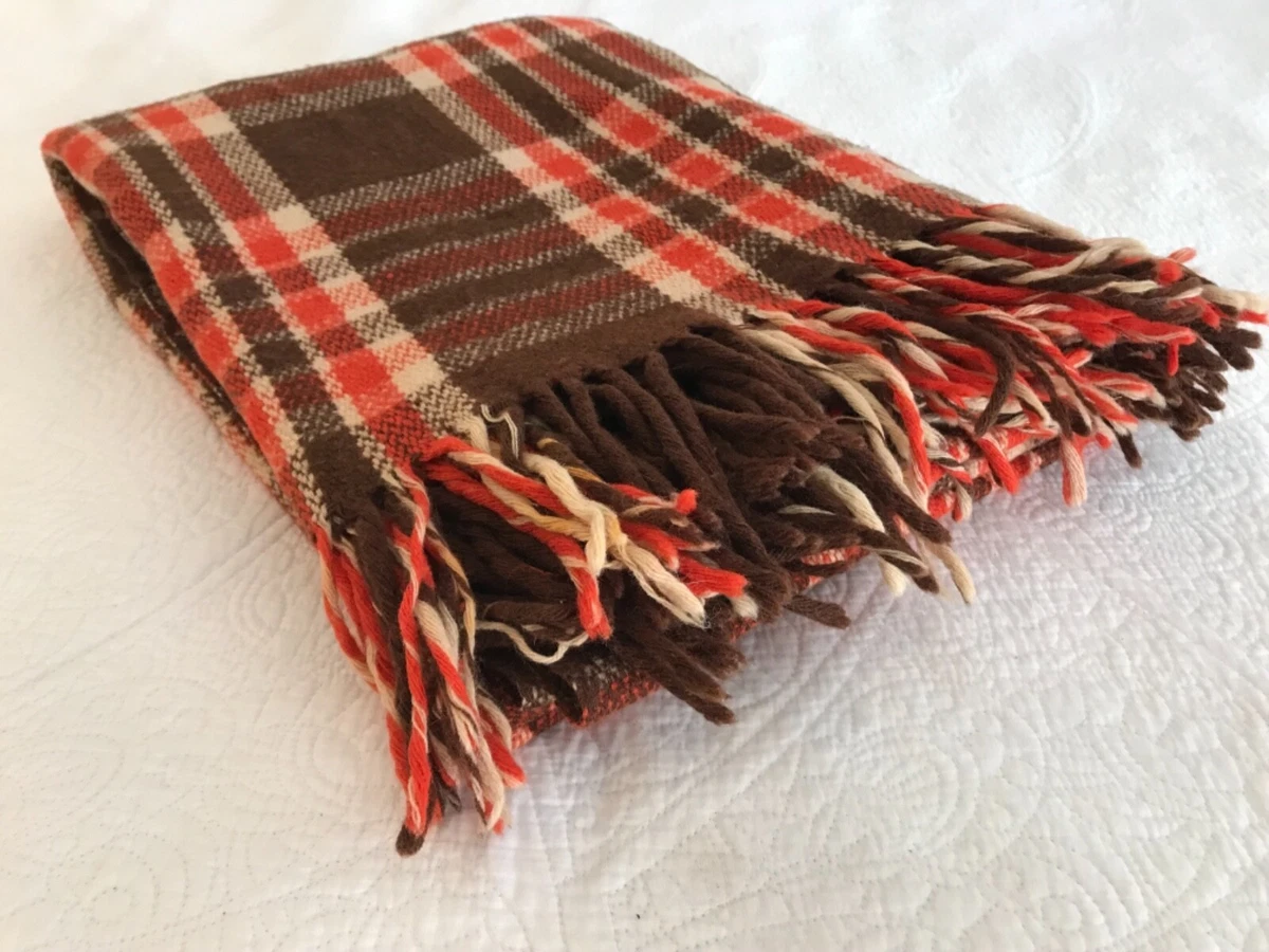 Vtg Throw Wool Brown Orange Plaid Tartan Large 80