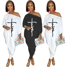 New Women Fashion 3/4 Sleeves Print Irregular Patchwork Casual Jumpsuit 2pcs