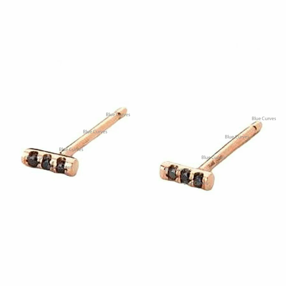 Barra de diamantes negros en oro blanco macizo de 14 k pequeños aretes finos regalo joyería Foto 3 de 4