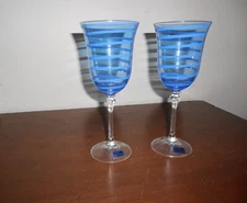 Le Stelle Cristal Design Teal Blue Swirl Goblets Italy 8 1/8" H. Great Gift Idea