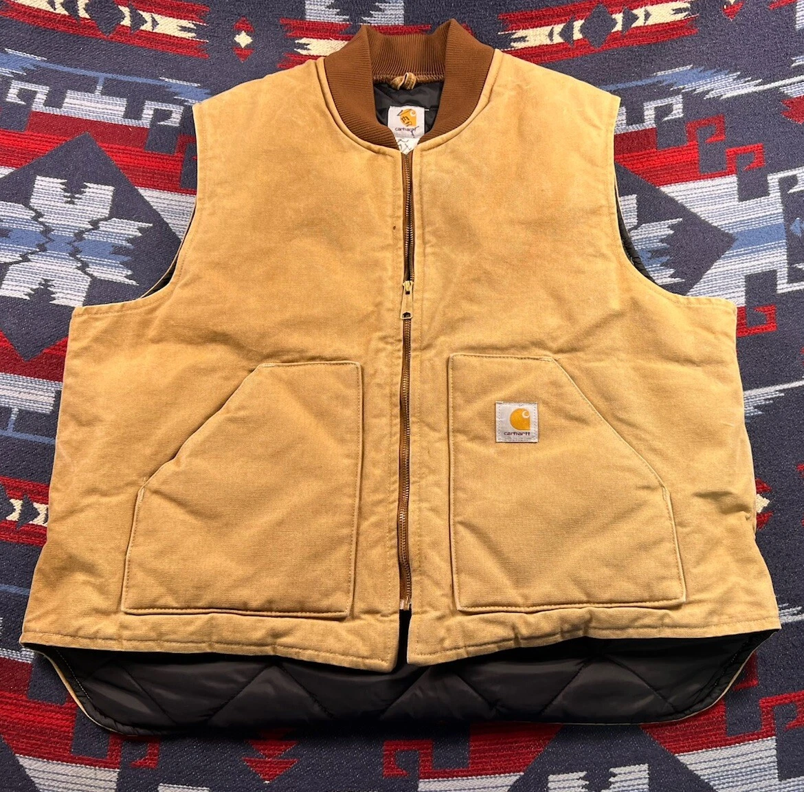 Vintage Carhartt V01BRN Canvas Duck Brown Tan Quilted Mens 2XL Vest Made In USA