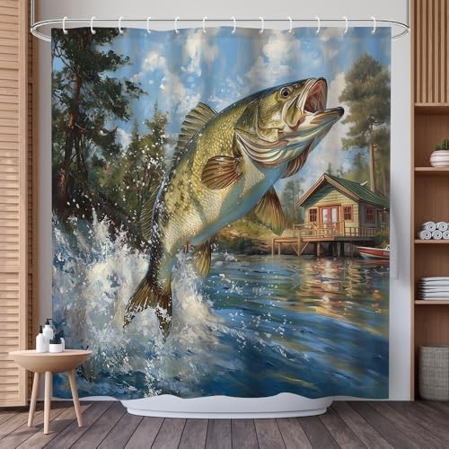 Rustic Bass Fishing Shower Curtain - Fish Jumping Lake Scene Design - 72x72