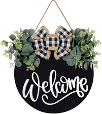 Farmhouse Welcome Sign 12" Round Wooden Front Door Porch Wall Decor Black