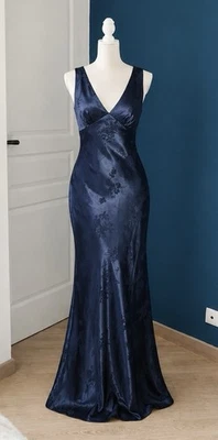 Robe maxi femme satin bleu marine fleurie col V dos nu sans manches T S - Photo 1/4