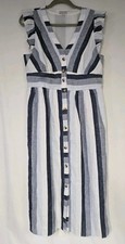 Point Sur J Crew Blue Striped Linen Front Button Blue Summer Midi Dress Size 12