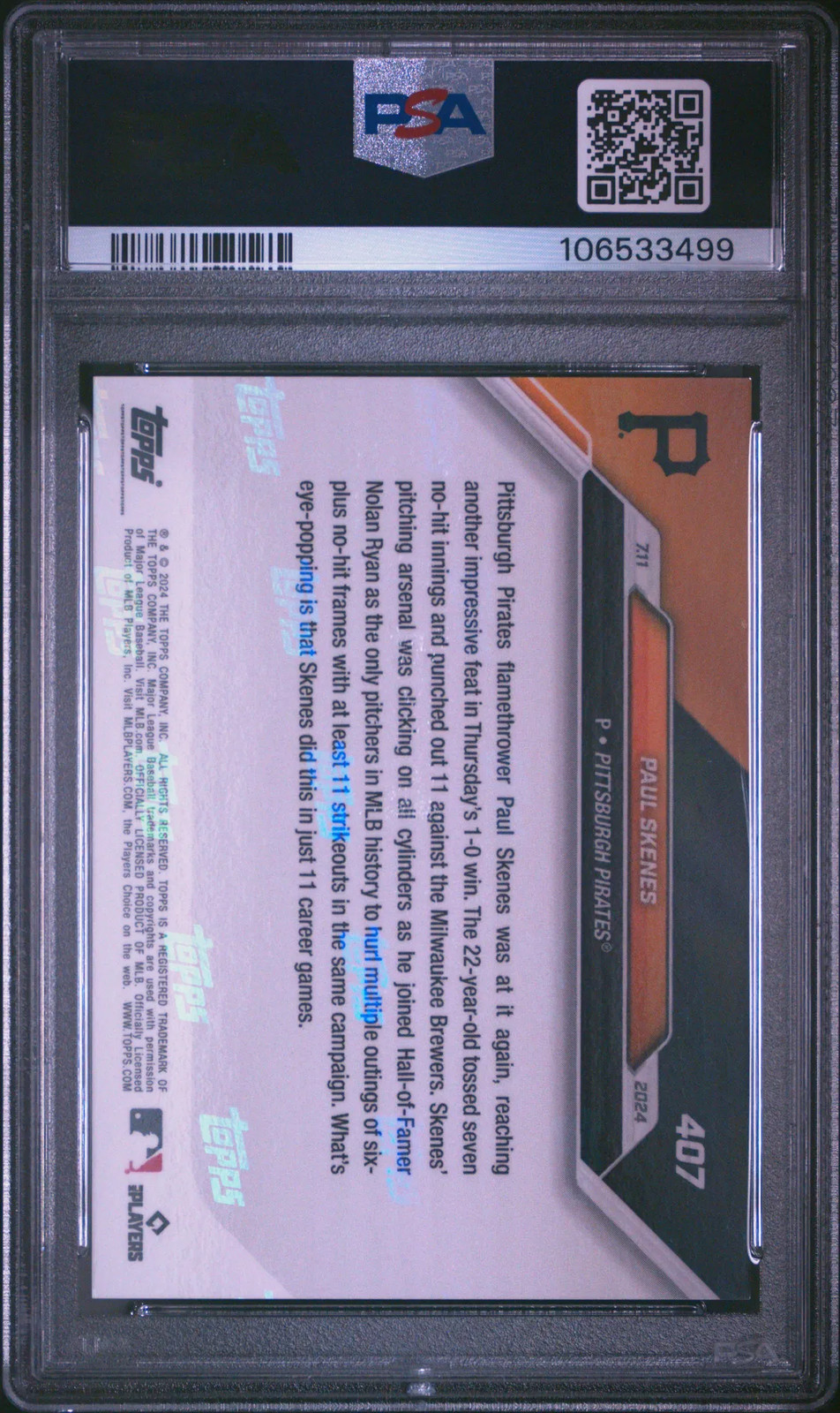 2024 Topps Now Paul Skenes #407 PSA 10 Rookie Card RC Pirates view 2