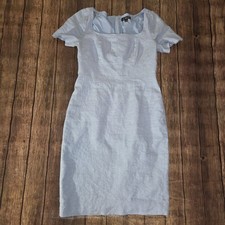 J.Crew Square Neck Sheath Dress Womens 8 Blue Stretch Linen Blend Midi Preppy