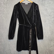 Elegant Baby Doll Black Velvet Polka Dot Long Sleeve Wrap Dress V-Neck Size 15