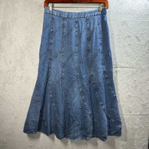 Studio West Blue Denim Patchwork A-Line Maxi Boho Western Hippie Skirt NEW Sz L