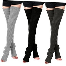 3 Pairs Thigh High Leg Warmers Knit Long Leg Black, Dark Grey, Light Grey