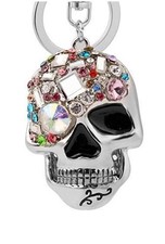 Skull Keychain for Women Inlaid Multicolor Gemstones Silver Tone