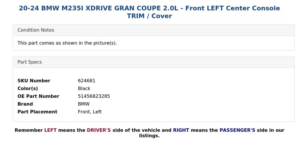 20-24 BMW M235I XDRIVE GRAN COUPE 2.0L - Front LEFT Center Console TRIM / Cover - Image 4 of 4