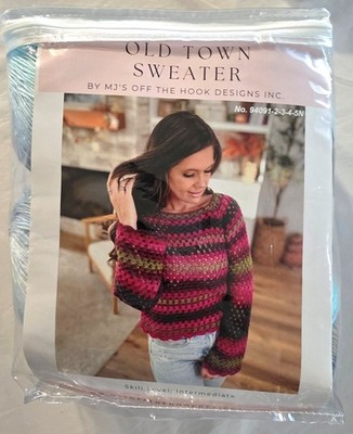 MJ's Off The Hook Designs Rare Old Town Sweater Crochet Kit XS-2X Blue Yarn VTG