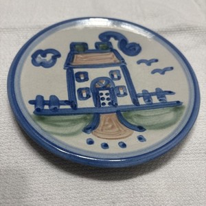M. A. Hadley Pottery Bread/Desert 6" Plate House with blue trim and fence - Nice