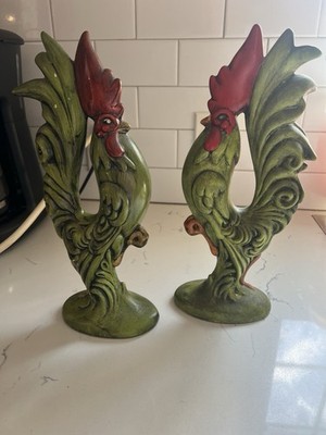 Pair Of 12  MCM Vintage Pottery Ceramic Green Red Rooster Figurines 1969