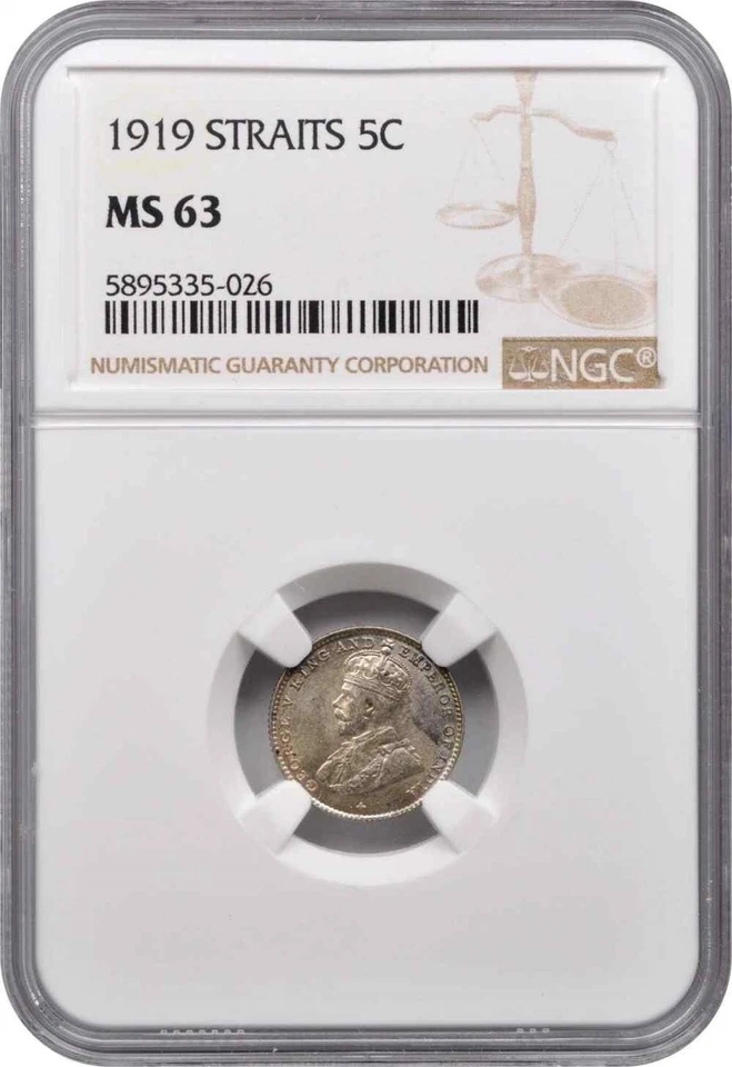 1919 Silver Small Coin 5 Cents Straits Settlement Malaya George V England MS 63 - Image 4 of 4