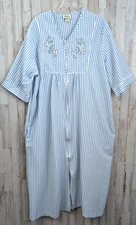 Collections Etc Seersucker Blue Stripe House Coat Dress Embroidery Zip Front XXL