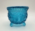 Fenton Daisy and Button Blue Glass Tea Light Candle Holder Footed Cauldron 2.5”