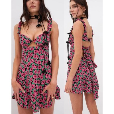 For Love & Lemons Giulia Mini Dress Black Pink Rose Floral Cutout L MSRP $198