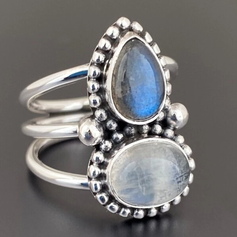 925 Argento Sterling Handmade Donna Anello Pietra di Luna & Labradorite Pietra - Immagine 2 di 4