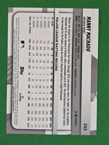 2024 Topps Big League Baseball 263 Manny Machado LÁMINA AZUL RARA - Imagen 2 de 2