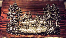 Wooden Wall Hanging Plaque w/ 3D Faux Metal Elk Trees Cabin Rustic Deer 12 3/4