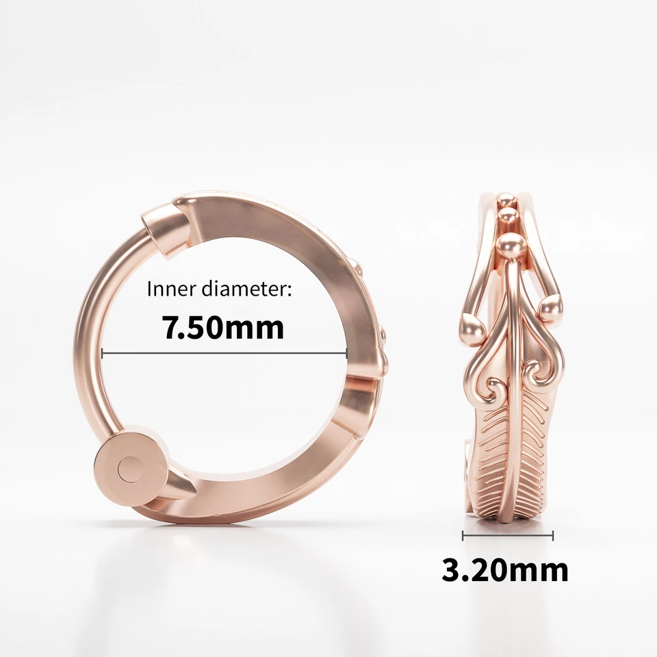 Pendientes Tragus Pluma Oro Rosa Sólido 14K con Cierre Clicker, Joyería Corporal Foto 4 de 4