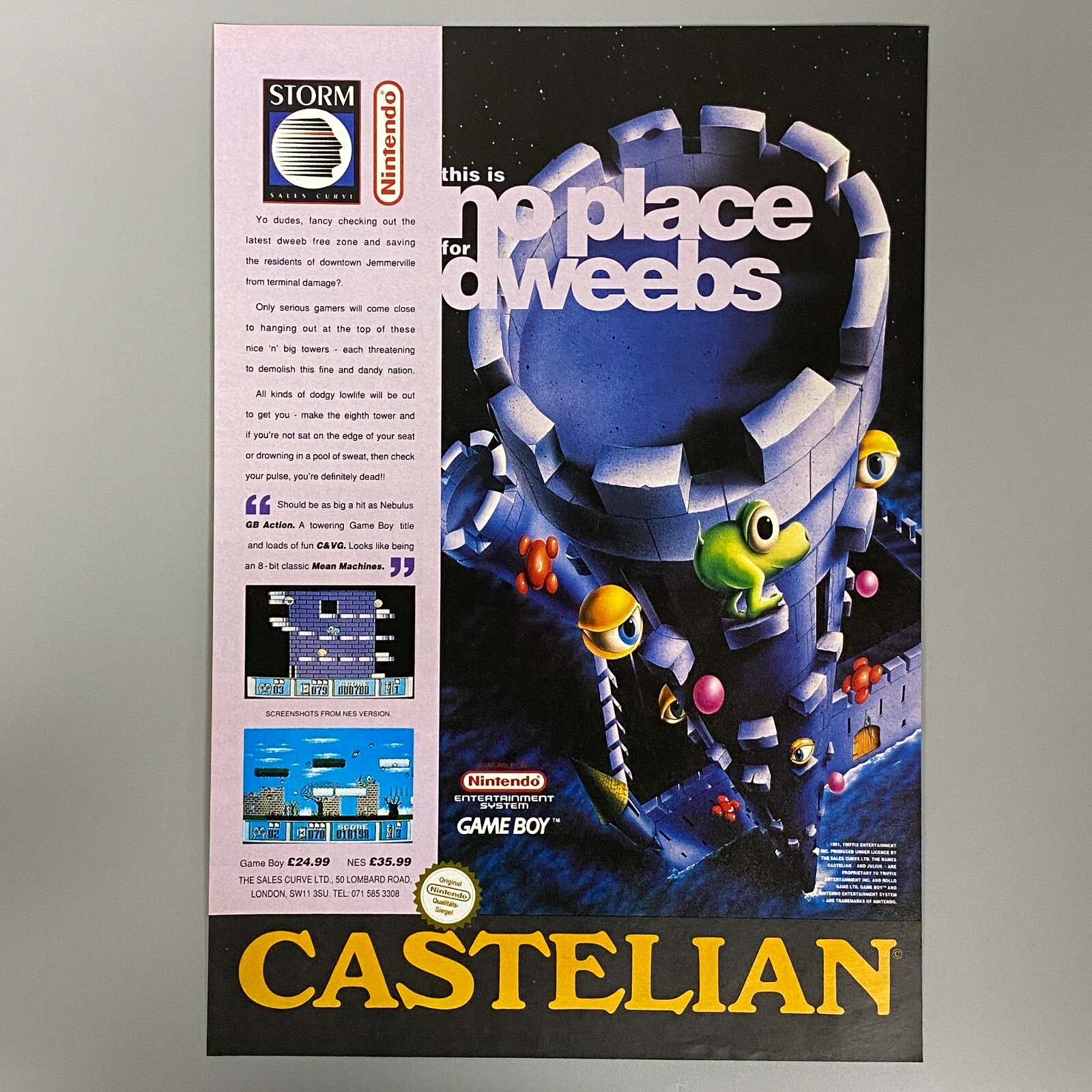 Castelian Jeu Vidéo Nintendo Game Boy Nes Famicom 1992 Vintage Rétro Annonce