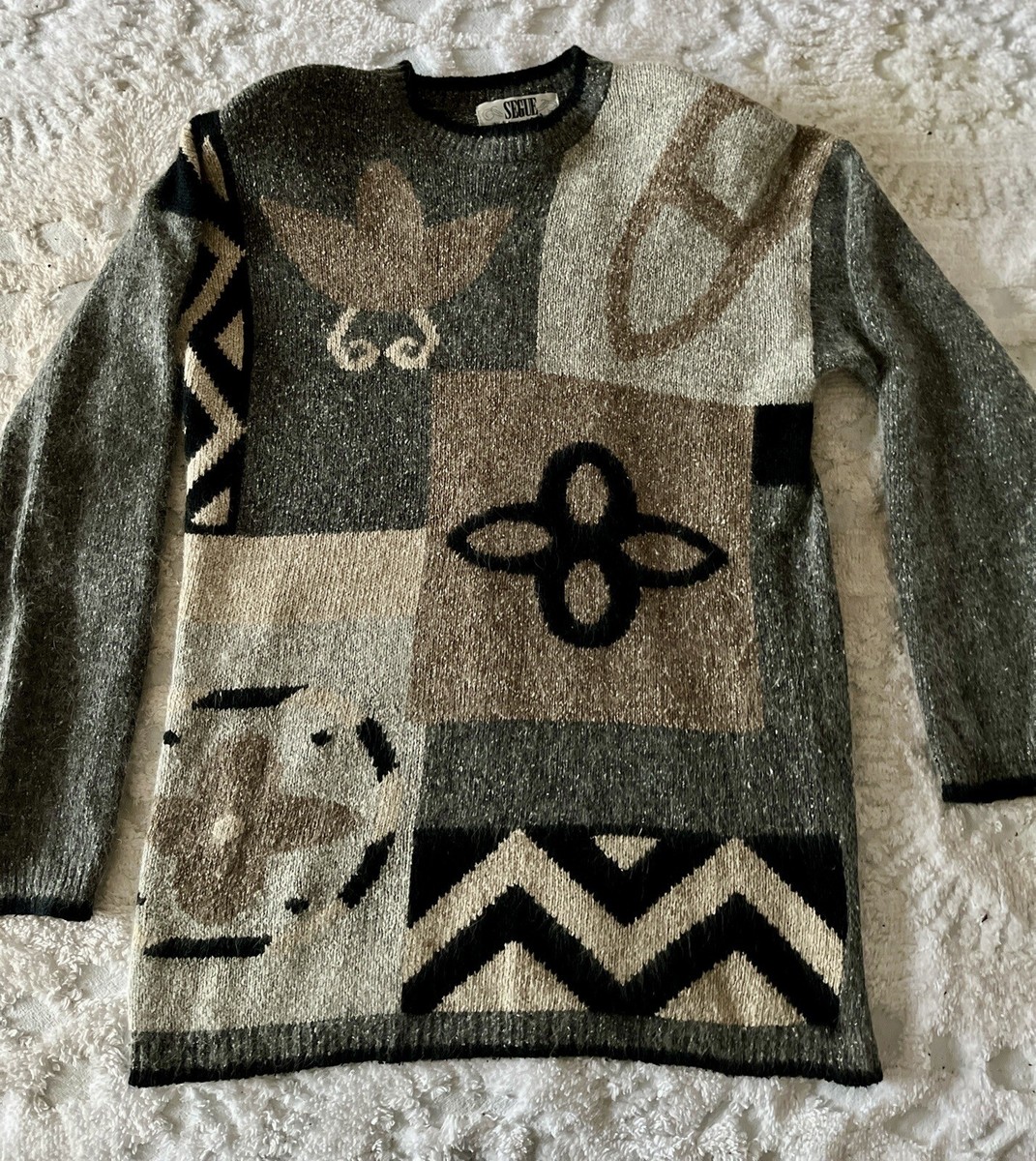 Vintage 90s Segue Grey Patchwork Silk Angora Wool Blend Oversized