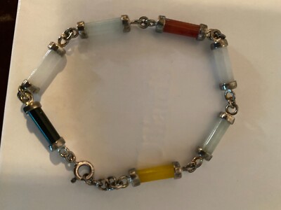 Vintage Sterling Silver Jade Tube Link Bracelet Multicolor Beautiful