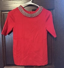 Talbots Women’s SZ P Jeweled Neckline Short Sleeve Knit Top Rhinestone Sweater