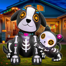 5 Ft Day of the Dead Inflatables Black Cat  Skull Dog with Built-In Leds