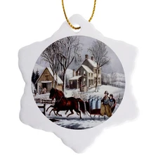 3dRose, Vintage Currier and Ives Horse Drawn Sleigh Winter , Ornament