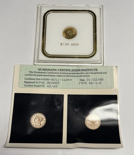 Mint State 1905 $5 Liberty Head Quarter Eagle w/ NCI COA, Gold U.S. Type Coin