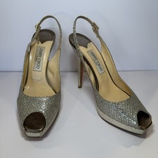 Jimmy Choo Nova Metallic Platinum Gold Sequin Peep Toe Slingback Pumps Sz 39