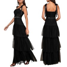 NWOT Lulus Enticing Mystique Black Tiered Tulle Tie Bow Strap Maxi Gown Dress