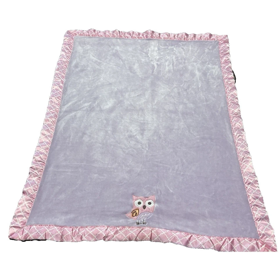 Manta de bebé Bananafish Owl púrpura rosa borde satinado seguridad Lovey 28,5x38 Foto 2 de 4