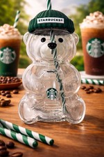 Rare Starbucks Bear Glass Cup Barista Collection Authentic w/ Lid & Straw UK