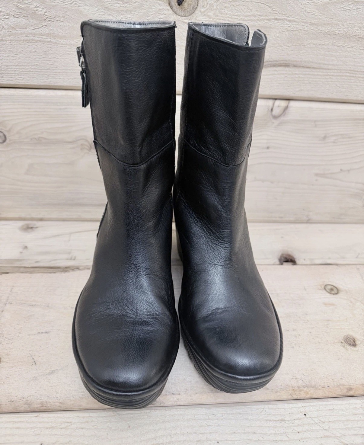 Fly London Women’s Black Leather Zip Wedge Ankle Boots EU-38 US-8 Super Rare