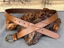 Frye Brown Diamond Design Leather Belt SZ XL Unisex Bronze Tone Buckle