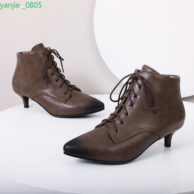 Women's Faux Leather Ankle Boots Pointed Toe Lace Up Kitten Heel Formal Retro OL