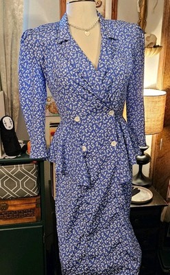 Womens Vintage Blue & White Floral Blazer Dress Size Medium