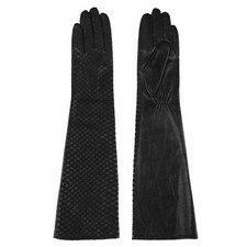 Long Black Leather Opera Gloves Diamond Pattern Quilted Texture Evening Formal