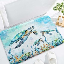 Watercolor Sea Turtle Blue Bathroom Rugs, Nautical Marine Animals Underwater ...