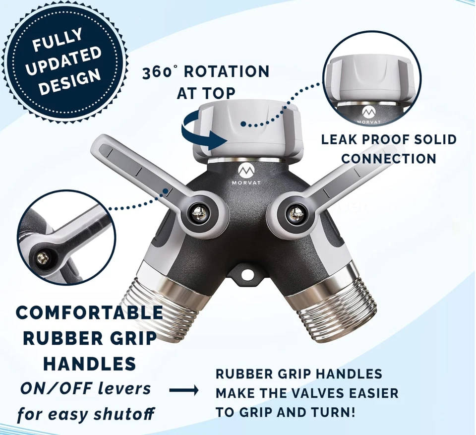 Paquete de 2 divisores de manguera de jardín de 2 vías Morvat conector en Y de alta resistencia con válvulas Foto 4 de 4