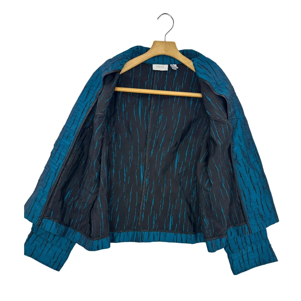Chicos Teal Textured Jacket Blazer Women Size 2 Mandarin Collar - Image 3 of 4