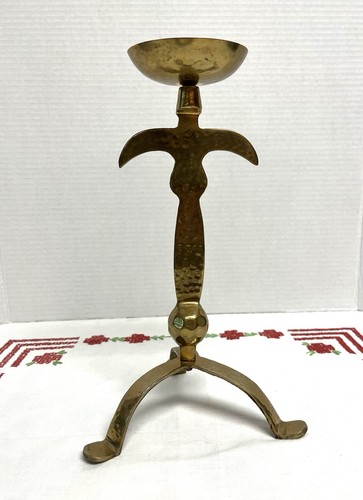 Vintage Hammered Brass Brutalist Pedestal Pillar Candle Holder 3 Legged