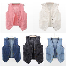 Donna Jeans Gilet Giacca Cappotto Corto senza Maniche Rosa Casual Scollo A V
